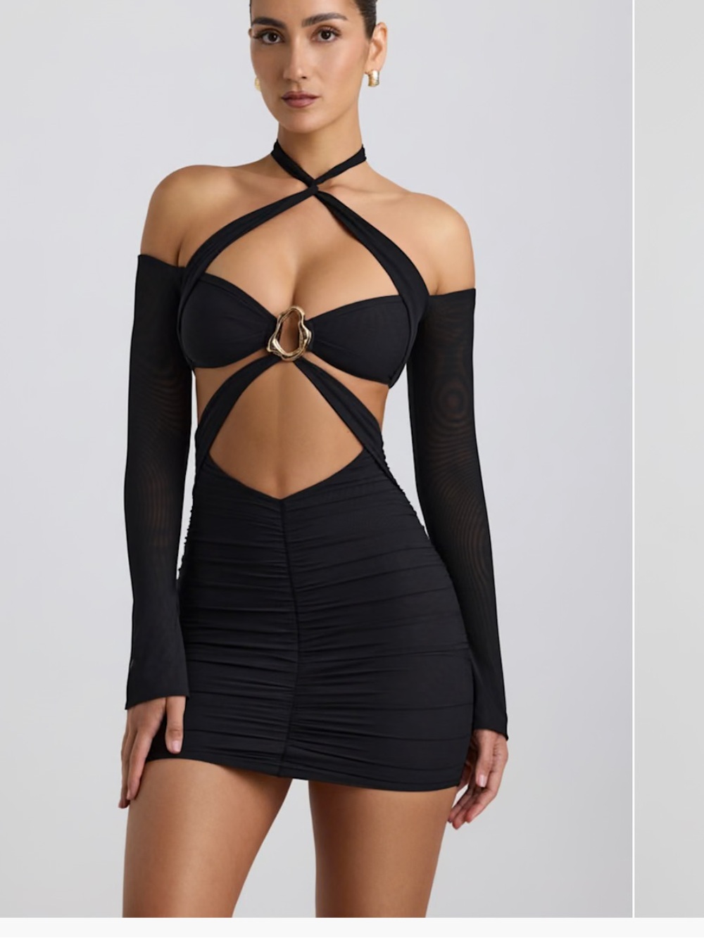 Oh Polly Black Cut-Out Ruched Mini Dress with Gold Ring